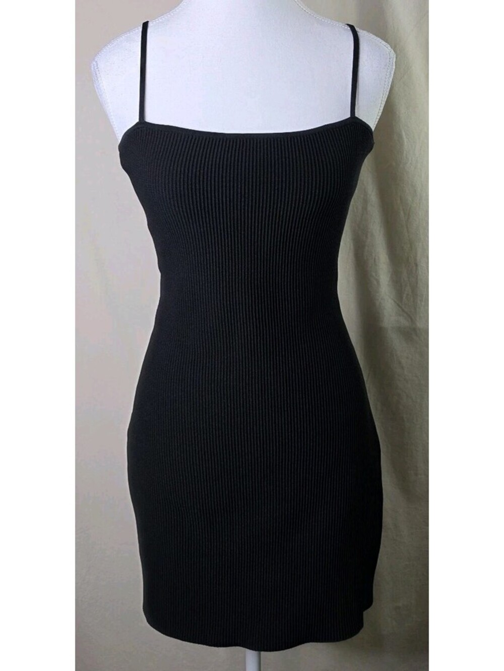 Babaton Ribbed Bodycon Dress L Black Nylon Spaghetti Strap NWOT